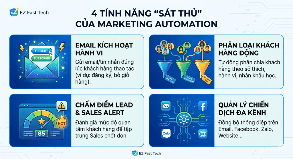 Hình ảnh về các tính năng marketing automation của EZ Fast Tech.