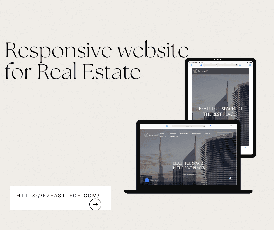 Mẫu website bất động sản và kiến trúc hiển thị trên thiết bị di động và máy tính để bàn.
