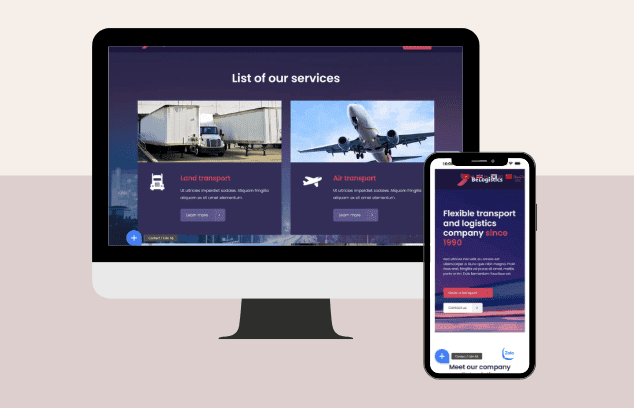 Hình ảnh website vận tải logistics chuyên nghiệp trên máy tính và điện thoại di động.