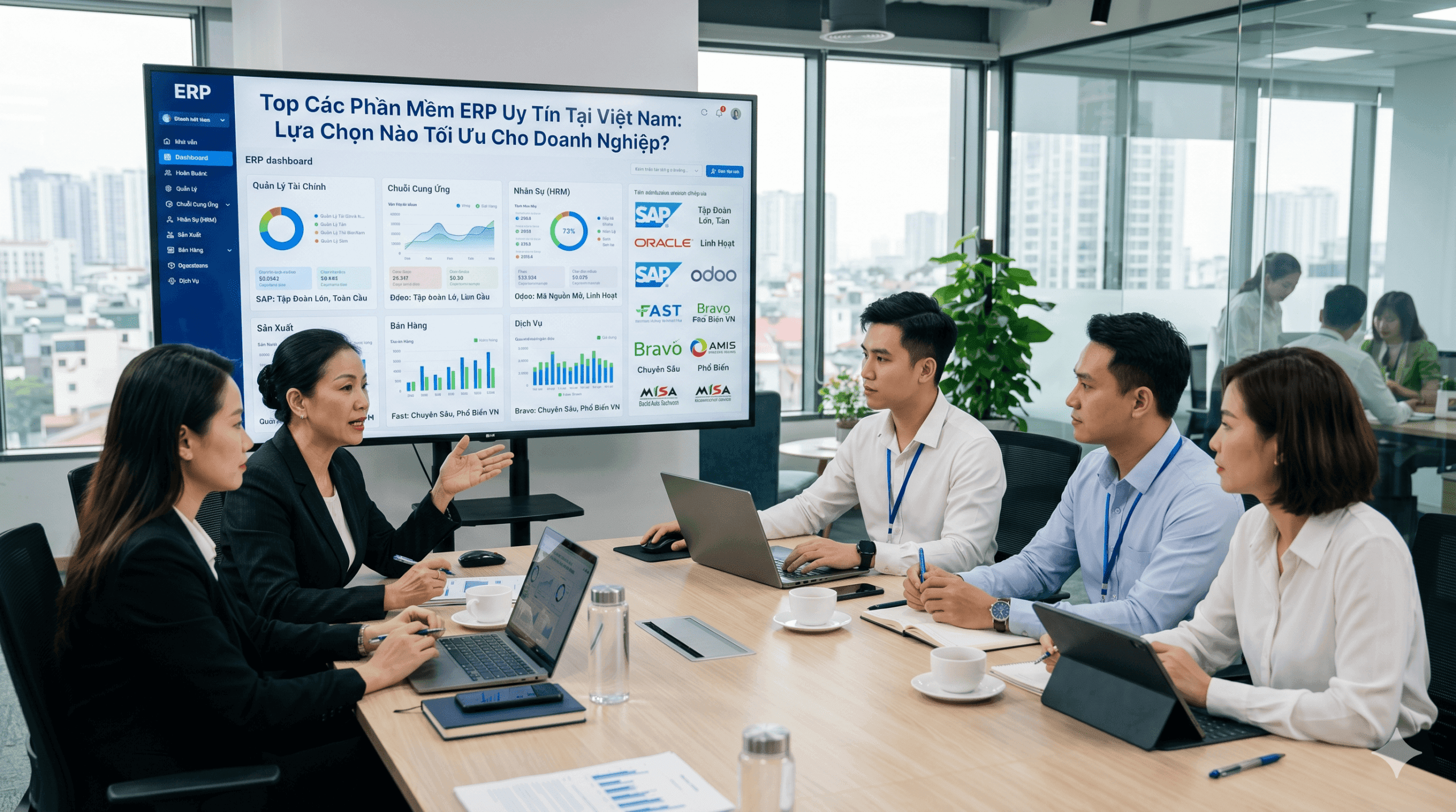 Nhóm doanh nghiệp thảo luận về các phần mềm ERP uy tín tại Việt Nam.
