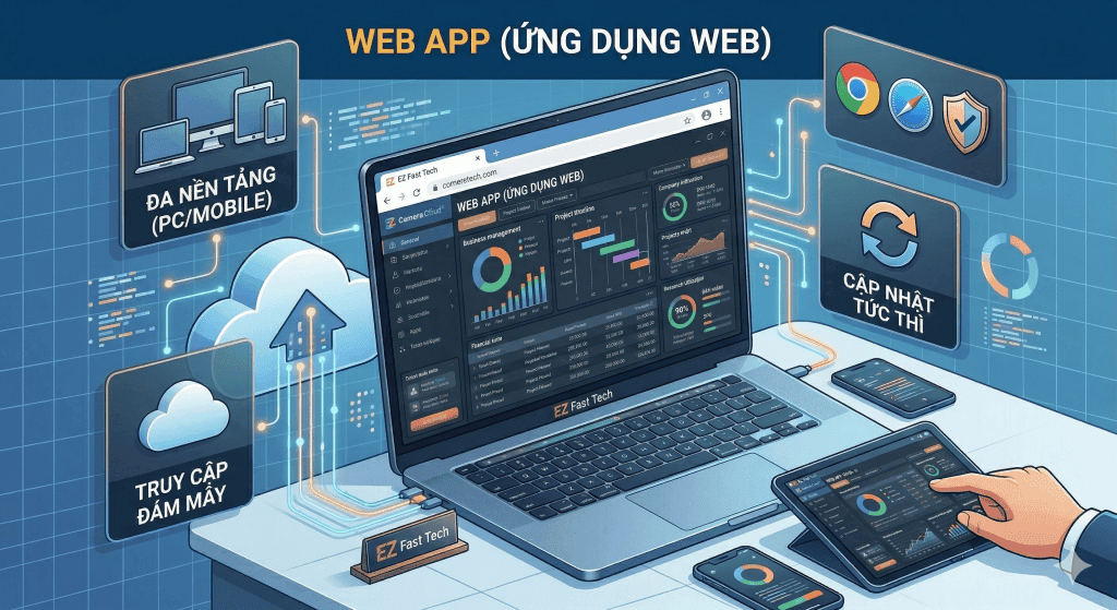 Web App vs Mobile App: Đâu Là Lựa Chọn Tối Ưu Cho Doanh Nghiệp SMEs Trong Kỷ Nguyên Số? 3 Ảnh minh họa thiết kế website, phần mềm và ứng dụng web, mobile, PC hiện đại.