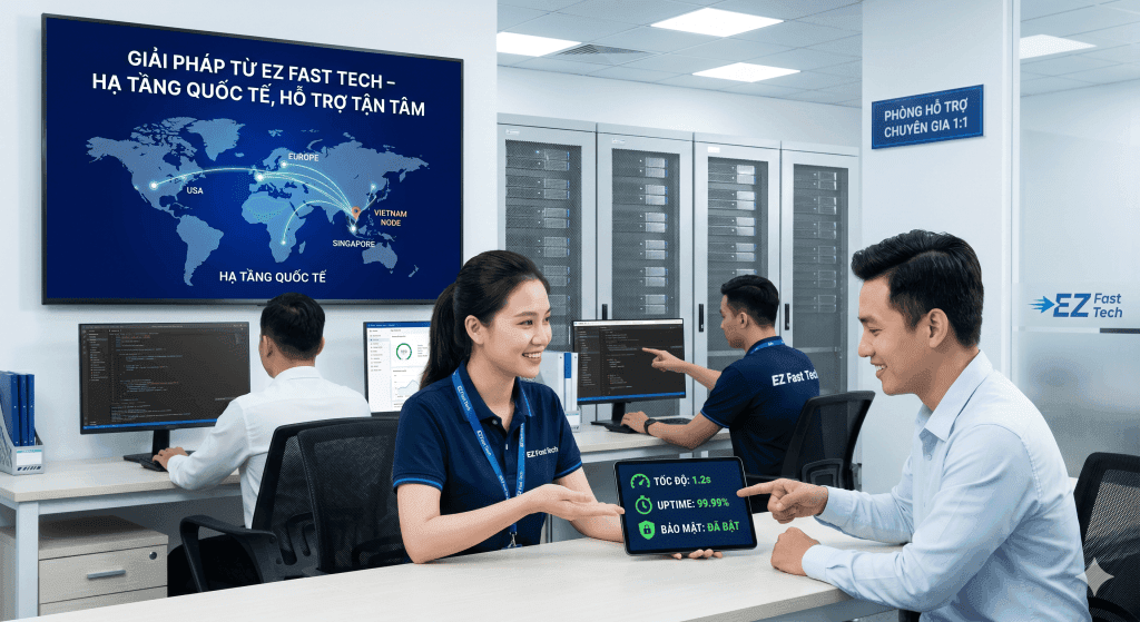 Hình ảnh nhân viên tư vấn thiết kế website và phần mềm chuyên nghiệp tại EZ Fast Tech.
