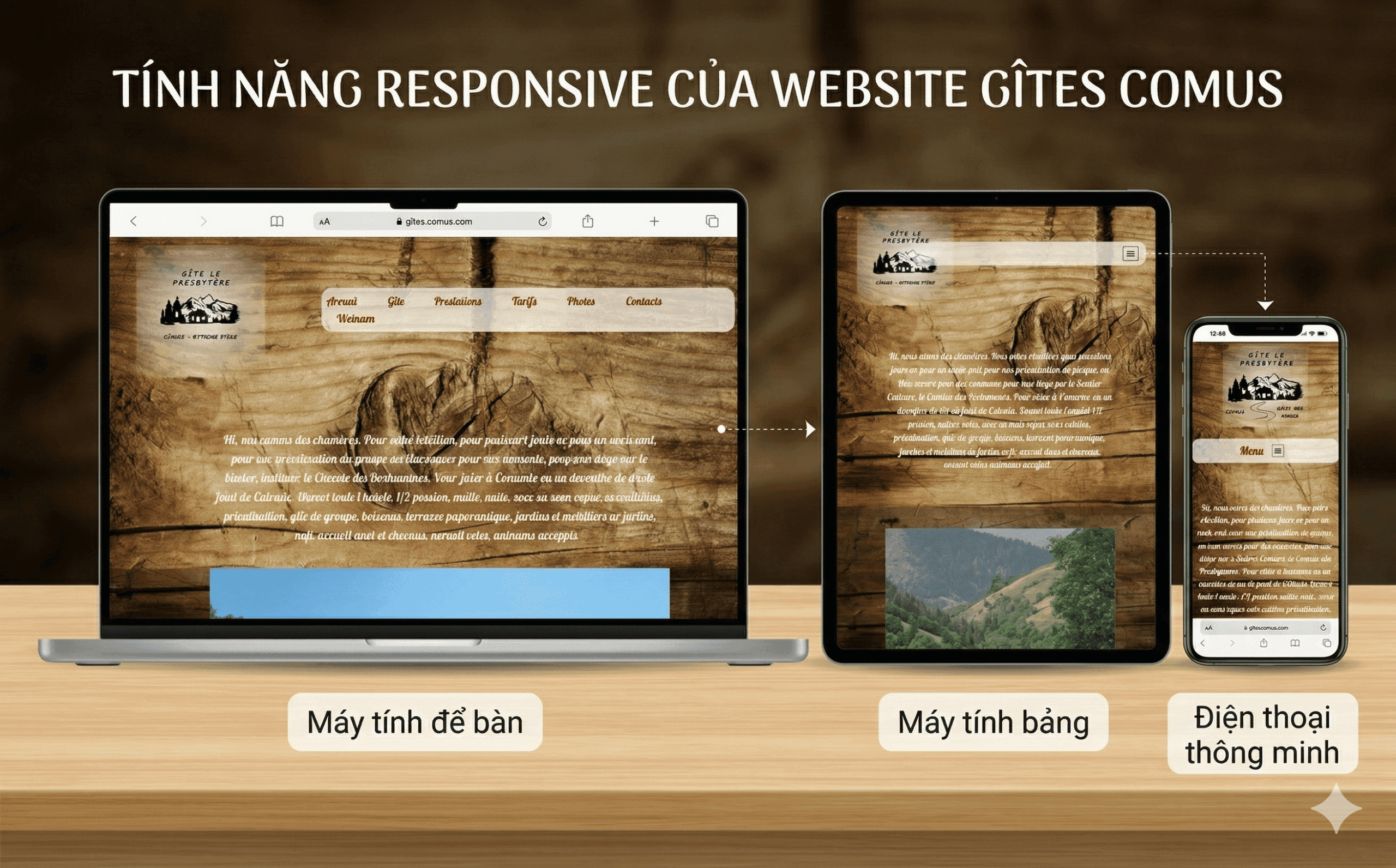 Mẫu website homestay Gites Comus hiển thị trên máy tính, tablet và điện thoại thông minh.