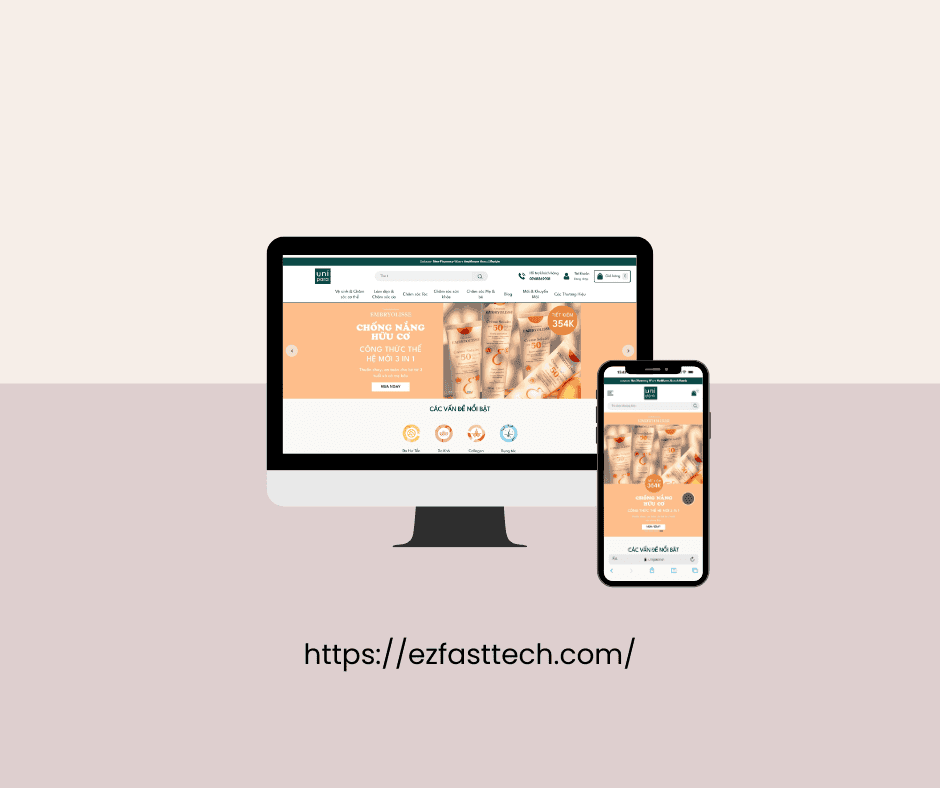Màn hình máy tính và điện thoại hiển thị website EZ Fast Tech, dịch vụ thiết kế website và phần mềm.