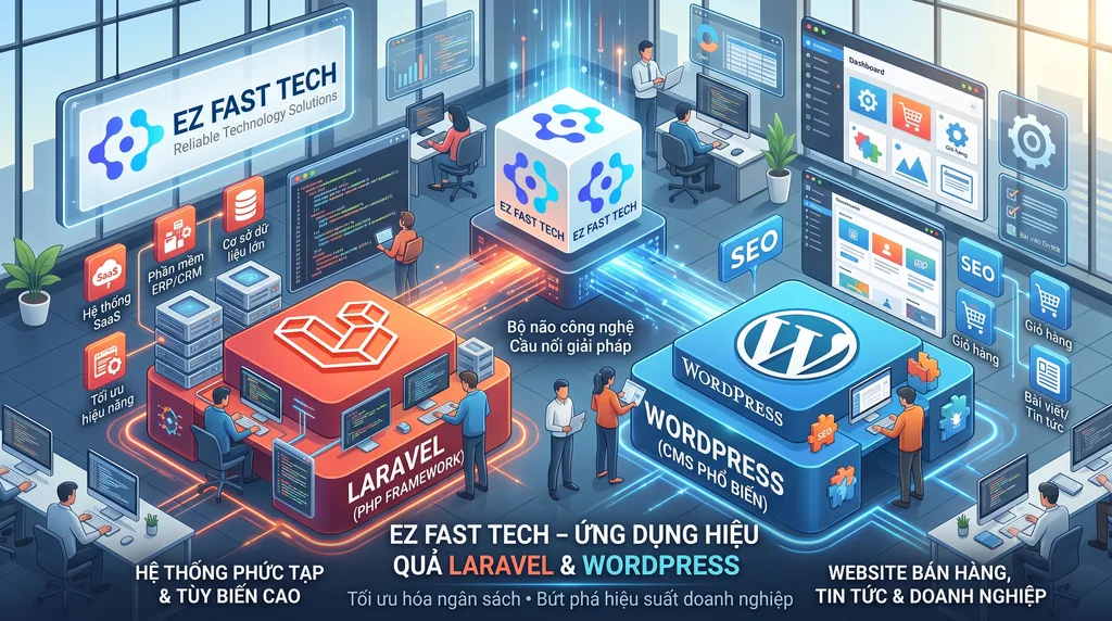 Kiến Trúc Nền Tảng: Nên Dùng Laravel Hay WordPress? 5 ez fast tech ứng dụng nền tảng Laravel và WordPress